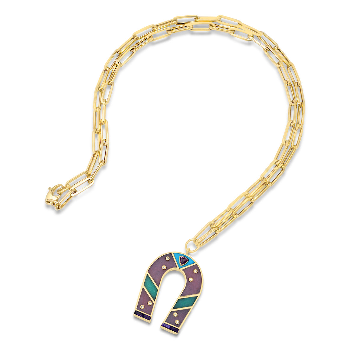 Sig Ward Jewelry 14K yellow gold horseshoe necklace featuring pink opal and chrysoprase gemstones, a luxury gemstone jewelry piece with an elegant design symbolizing luck, protection, and timeless beauty.