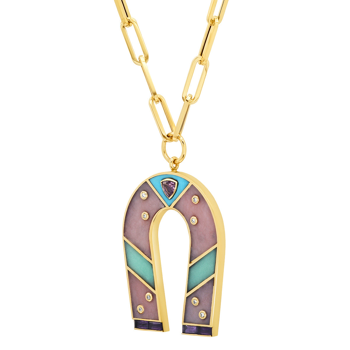 Sig Ward Jewelry 14K yellow gold horseshoe necklace featuring pink opal and chrysoprase gemstones, a luxury gemstone jewelry piece with an elegant design symbolizing luck, protection, and timeless beauty.