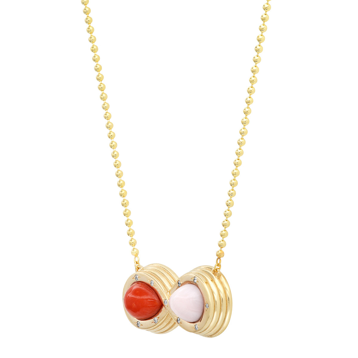 Sig Ward Jewelry 14K yellow gold infinity necklace featuring pink opal, coral, and diamond details, a luxury gemstone jewelry piece with an elegant and timeless design.
