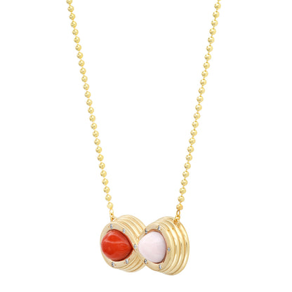 Sig Ward Jewelry 14K yellow gold infinity necklace featuring pink opal, coral, and diamond details, a luxury gemstone jewelry piece with an elegant and timeless design.
