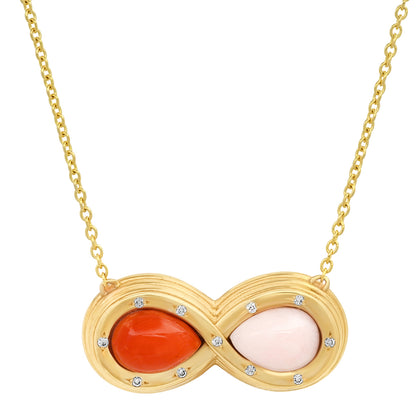 Sig Ward Jewelry 14K yellow gold infinity necklace featuring pink opal, coral, and diamond accents, a luxury gemstone jewelry piece with an elegant and timeless design.