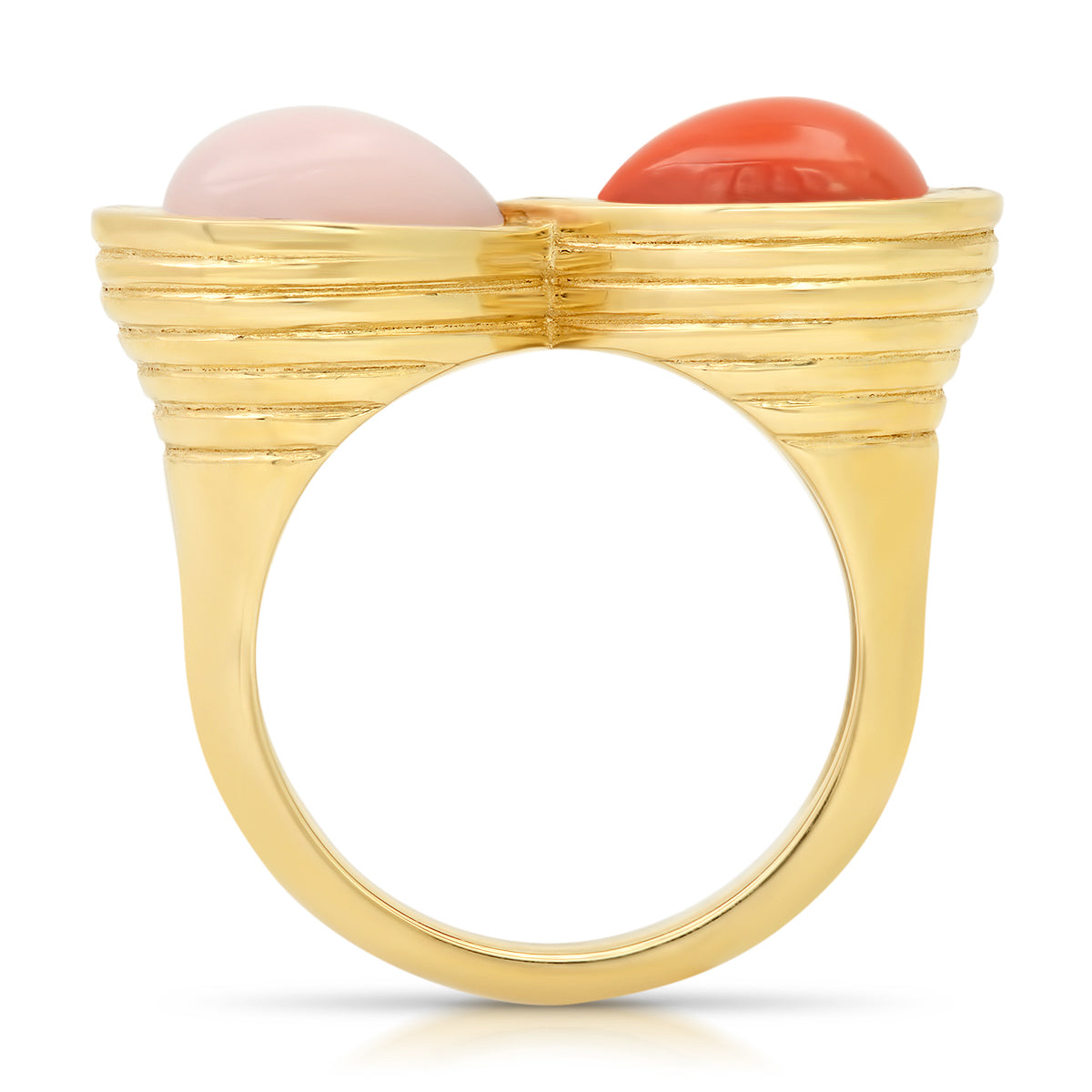 Sig Ward Jewelry 14K yellow gold infinity ring featuring pink opal, coral, and diamond accents, a luxury gemstone jewelry piece with an elegant and timeless design.