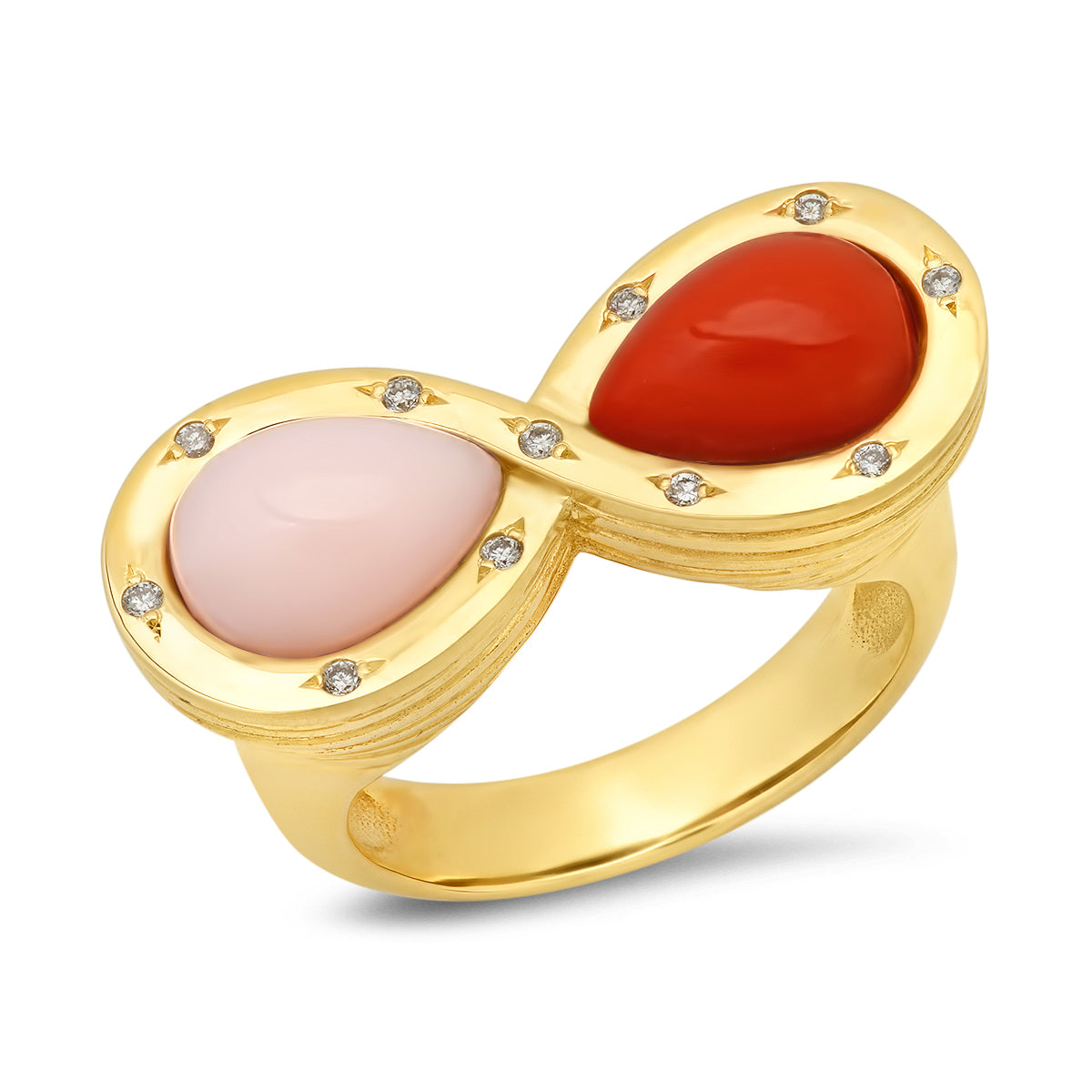 Sig Ward Jewelry 14K yellow gold infinity ring featuring pink opal, coral, and diamond accents, a luxury gemstone ring with an elegant and timeless design.