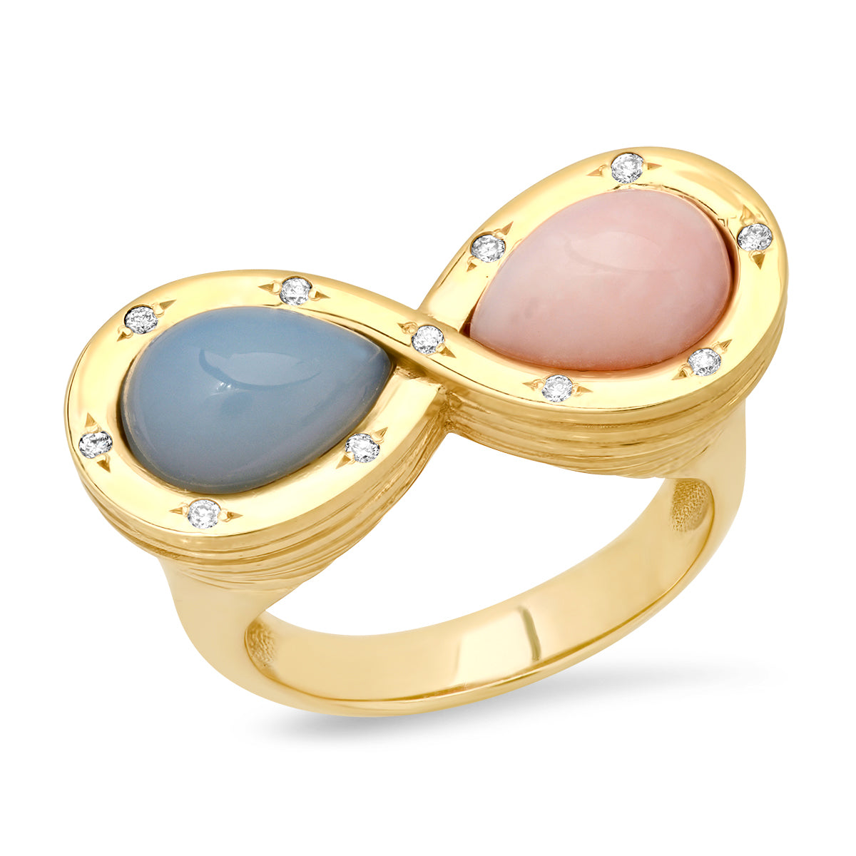 Sig Ward Jewelry 14K yellow gold infinity ring featuring pink opal, lavender opal, and diamond accents, a luxury gemstone jewelry piece with an elegant and timeless design.