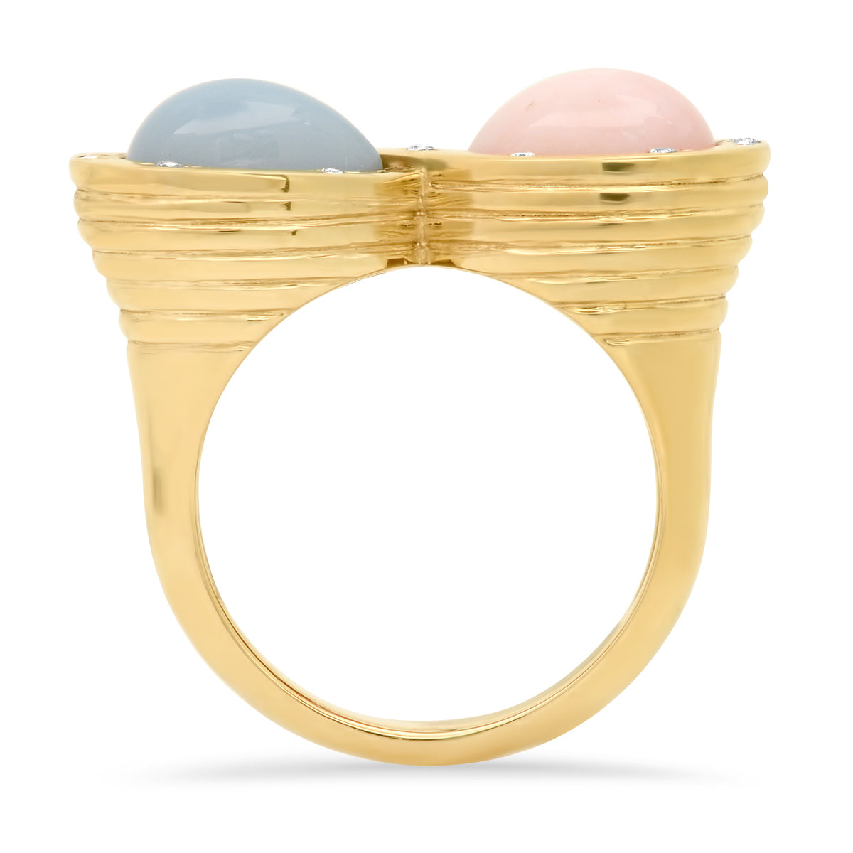 Sig Ward Jewelry 14K yellow gold infinity ring featuring pink opal, lavender opal, and diamond accents, a luxury gemstone ring with an elegant and timeless design.