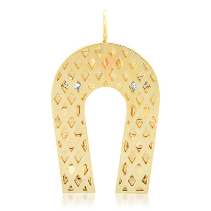 Sig Ward Jewelry 14K Yellow Gold Pink Opal, Opal and Diamond Baguette Horseshoe Charm pendant