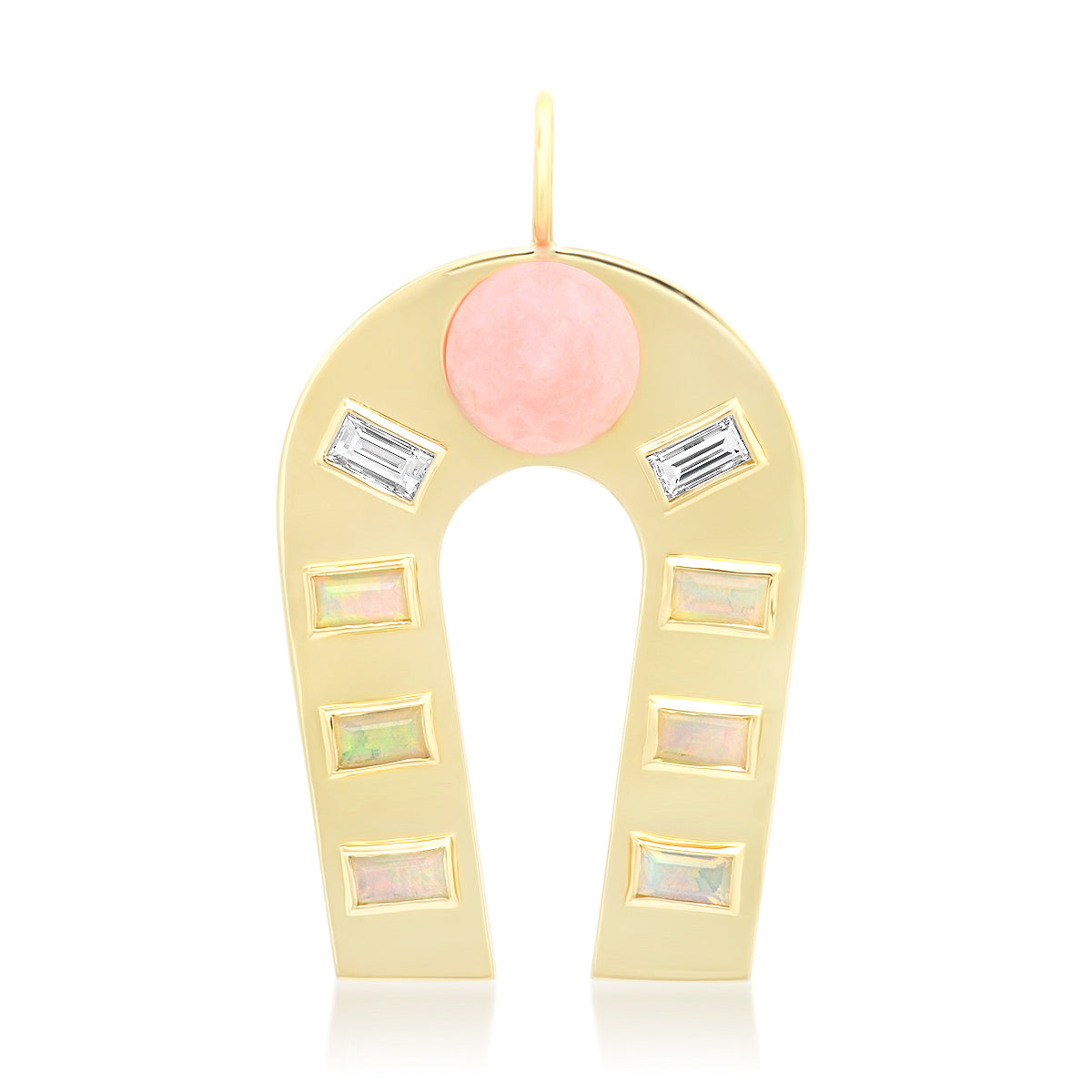 Sig Ward Jewelry 14K Yellow Gold Pink Opal, Opal and Diamond Baguette Horseshoe Charm pendant