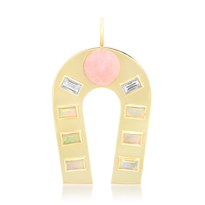 Sig Ward Jewelry 14K Yellow Gold Pink Opal, Opal and Diamond Baguette Horseshoe Charm pendant
