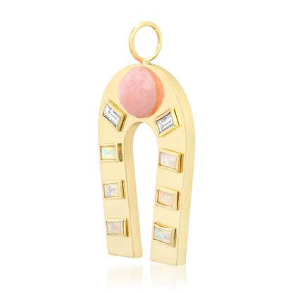 Sig Ward Jewelry 14K Yellow Gold Pink Opal, Opal and Diamond Baguette Horseshoe Charm pendant