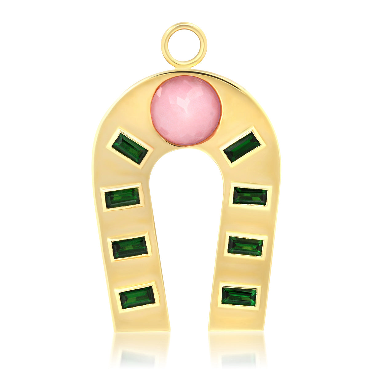 Sig Ward Jewelry 14K yellow gold horseshoe charm featuring pink opal and tsavorite gemstones, a luxury fine jewelry piece with an elegant design symbolizing luck, protection, and timeless beauty.