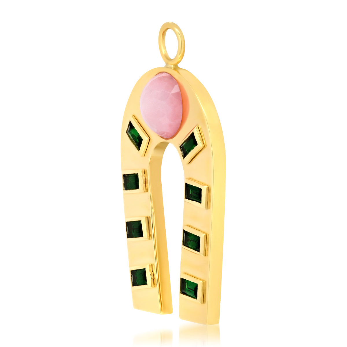 Sig Ward Jewelry 14K yellow gold horseshoe charm featuring pink opal and tsavorite gemstone accents, a luxury gemstone jewelry piece with an elegant and timeless design.