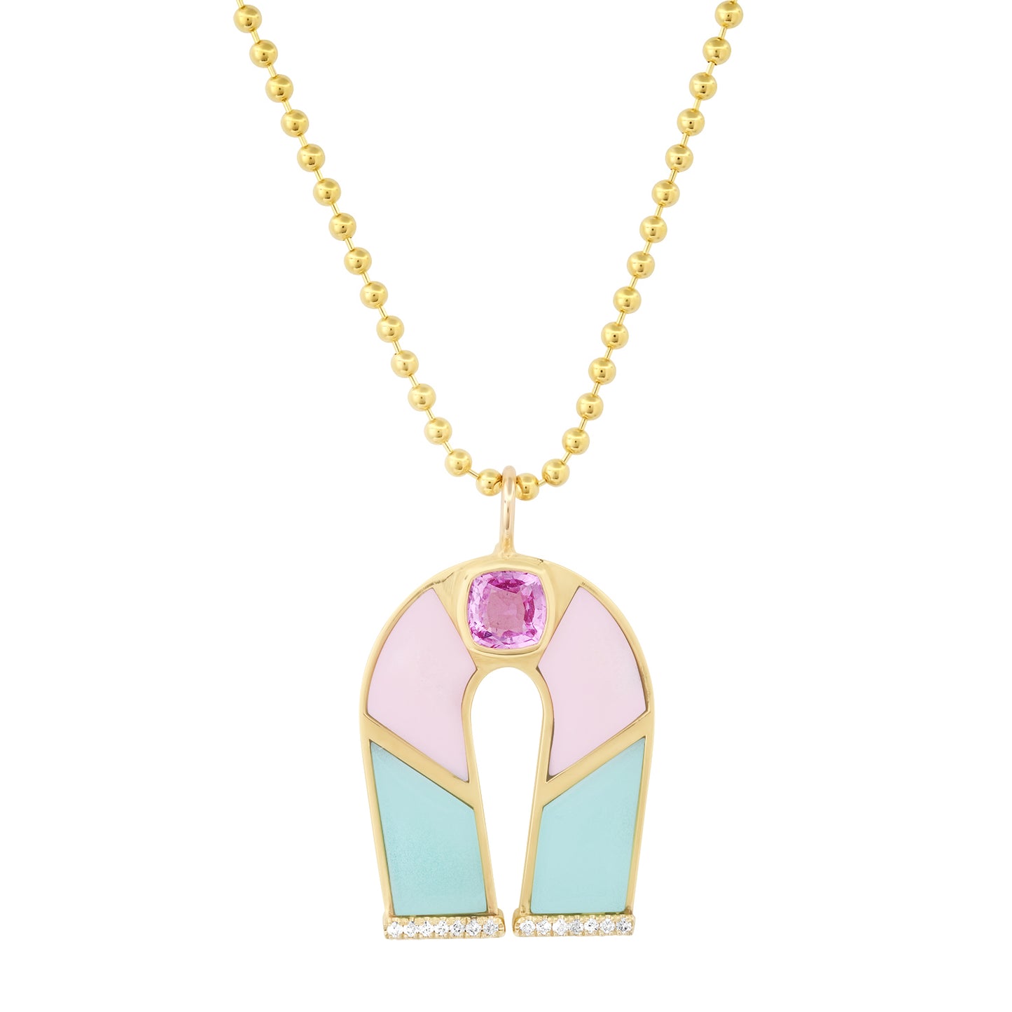 Sig Ward Jewelry 14K Yellow Gold Pink Sapphire, Chrysoprase and Pink Opal Inlay Horseshoe Necklace 