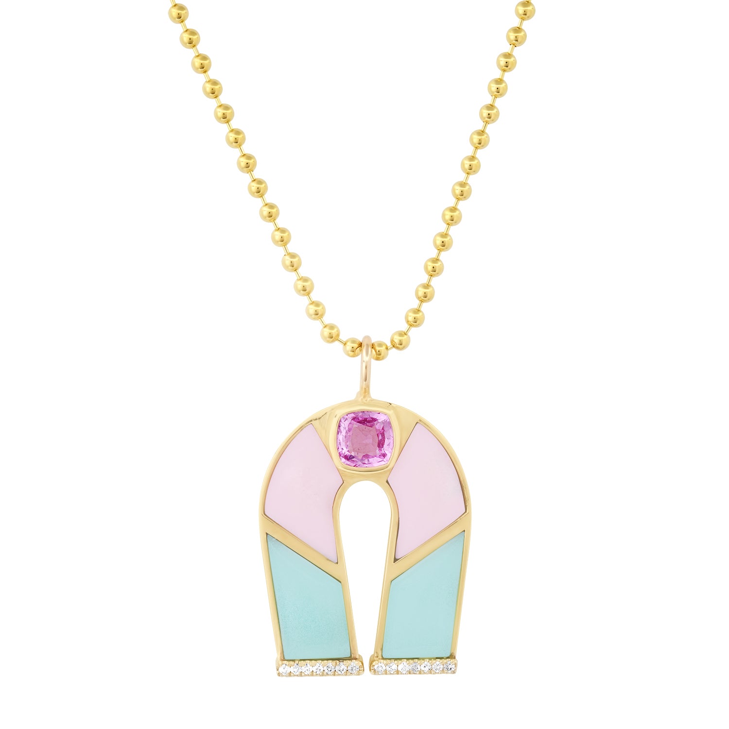 Sig Ward Jewelry 14K Yellow Gold Pink Sapphire, Chrysoprase and Pink Opal Inlay Horseshoe Necklace 