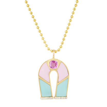 Sig Ward Jewelry 14K Yellow Gold Pink Sapphire, Chrysoprase and Pink Opal Inlay Horseshoe Necklace 