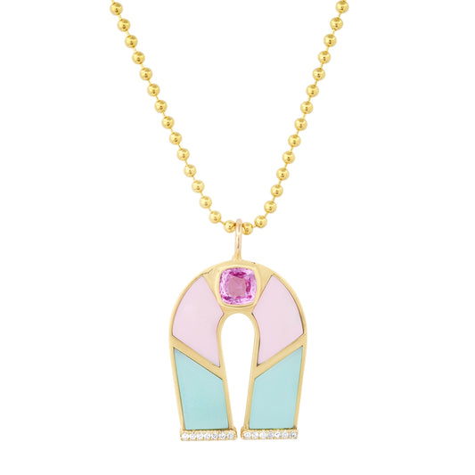 Sig Ward Jewelry 14K Yellow Gold Pink Sapphire, Chrysoprase and Pink Opal Inlay Horseshoe Necklace 