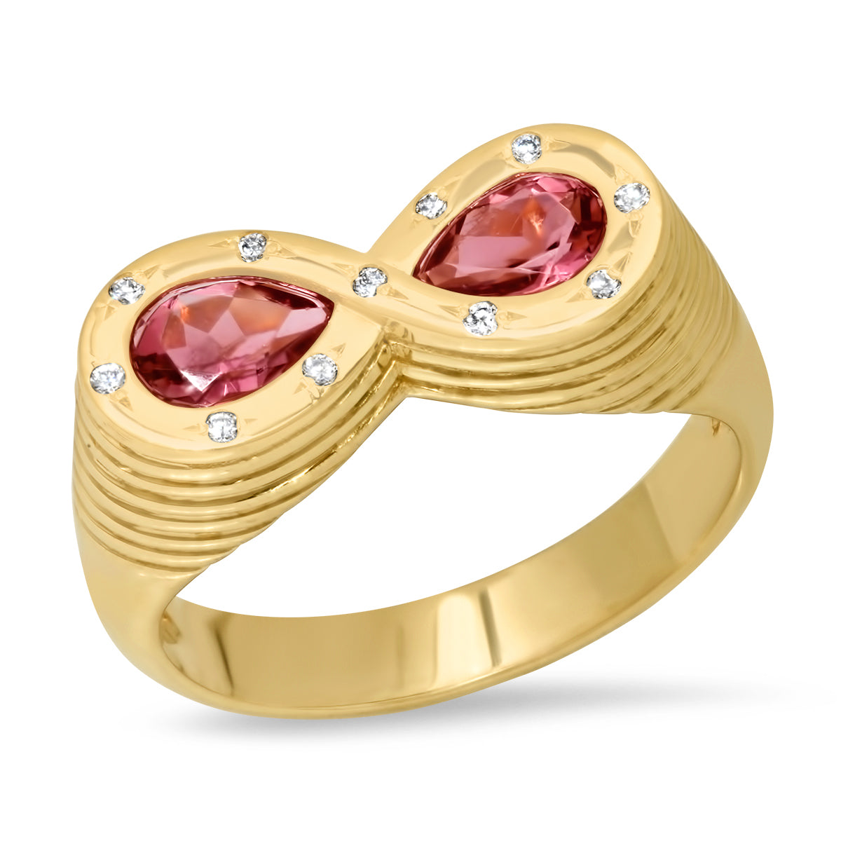 Sig Ward Jewelry 14K yellow gold infinity ring featuring pink tourmaline and diamond accents, a luxury gemstone ring with an elegant and timeless design.
