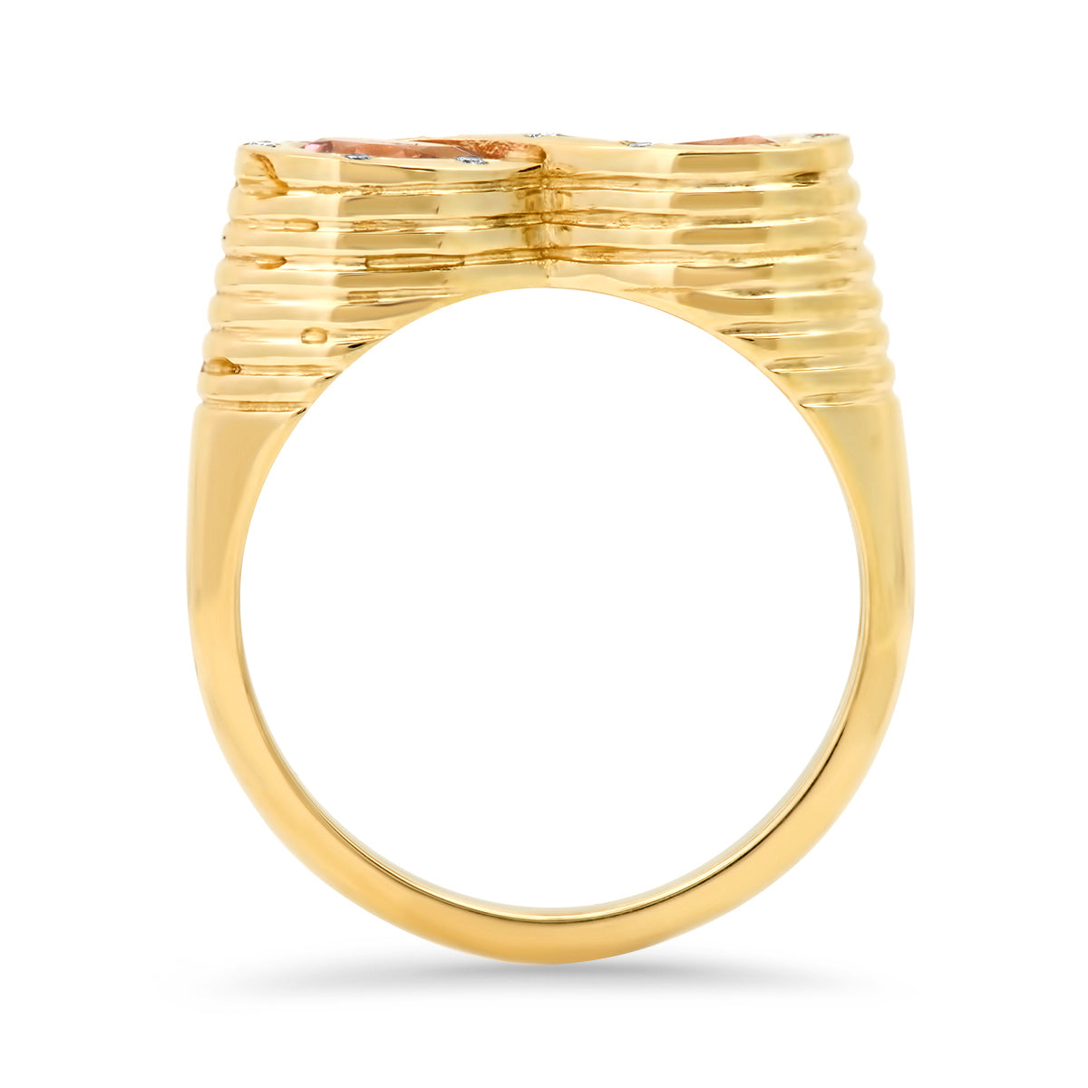 Sig Ward Jewelry 14K yellow gold infinity ring featuring pink tourmaline and diamond accents, a luxury gemstone ring with an elegant and timeless design.