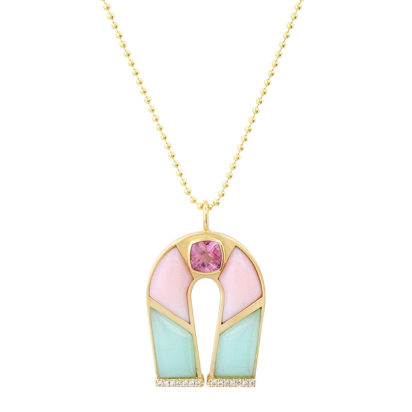14K Yellow Gold Horseshoe Necklace Featuring Pink Tourmaline, Pink Opal, And Chrysoprase By Sig Ward Jewelry.