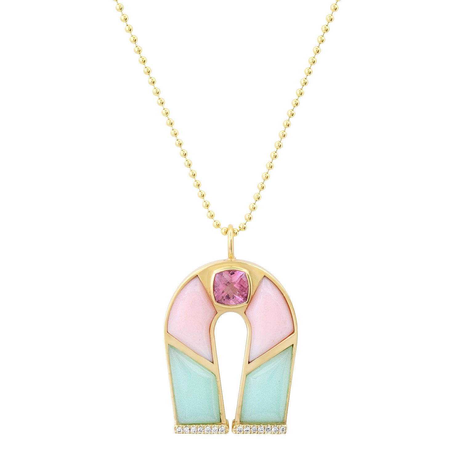 14K Yellow Gold Horseshoe Necklace Featuring Pink Tourmaline, Pink Opal, And Chrysoprase By Sig Ward Jewelry.