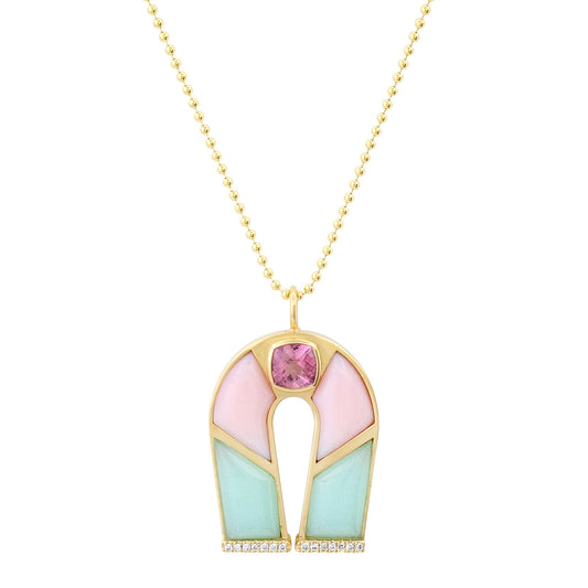 14K Yellow Gold Horseshoe Necklace Featuring Pink Tourmaline, Pink Opal, And Chrysoprase By Sig Ward Jewelry.