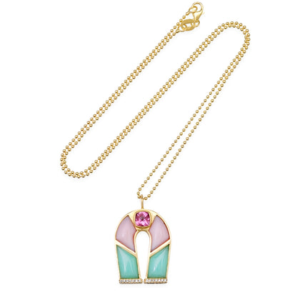 14K Yellow Gold Horseshoe Necklace Featuring Pink Tourmaline, Pink Opal, And Chrysoprase By Sig Ward Jewelry.