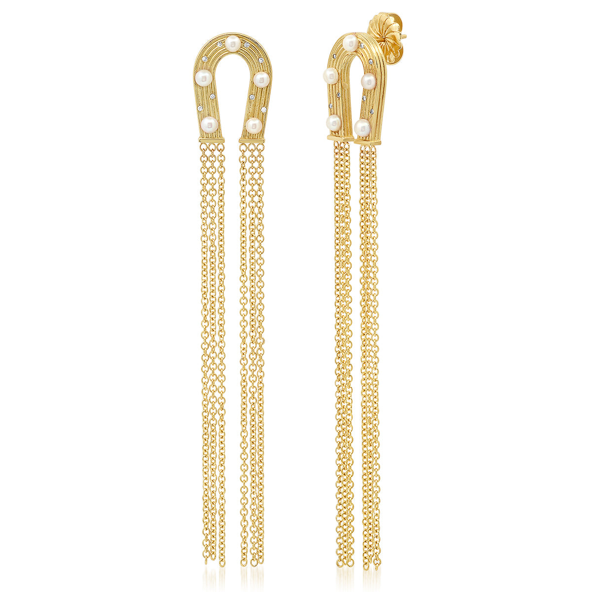 Sig Ward Jewelry 14K yellow gold horseshoe tassel earrings featuring reeded gold, pearl, and diamond details, a luxury fine jewelry piece with an elegant design symbolizing luck, sophistication, and timeless beauty.