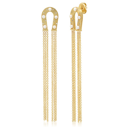 Sig Ward Jewelry 14K yellow gold horseshoe tassel earrings featuring reeded gold, pearl, and diamond details, a luxury fine jewelry piece with an elegant design symbolizing luck, sophistication, and timeless beauty.