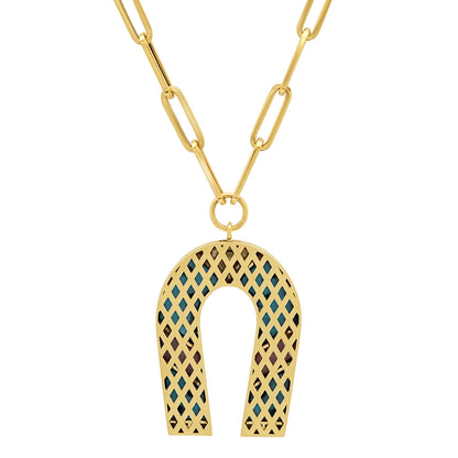 Sig Ward Jewelry 14K yellow gold horseshoe necklace featuring tiger's eye and onyx gemstones, a luxury fine jewelry piece with an elegant design symbolizing luck, protection, and timeless beauty.