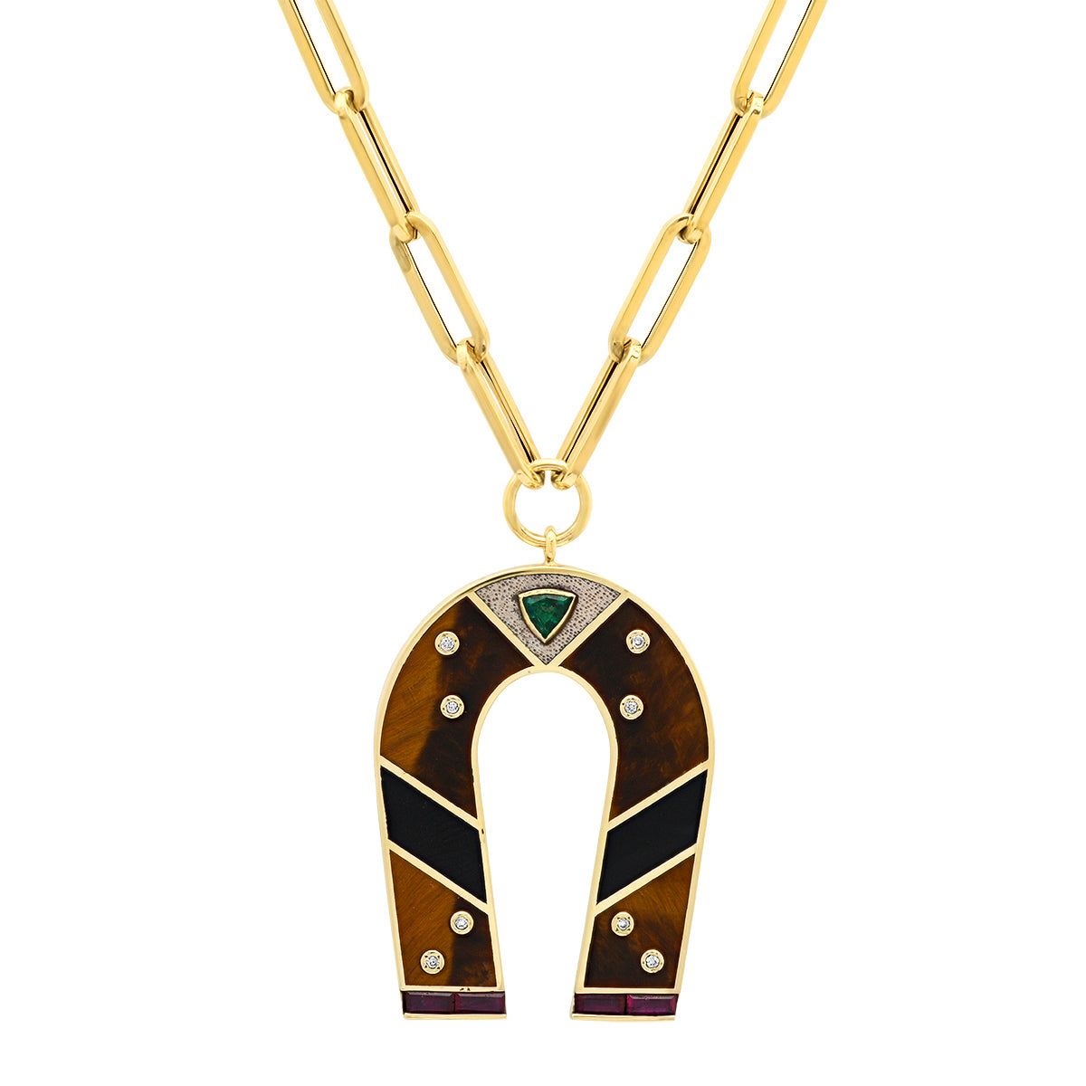 Sig Ward Jewelry 14K yellow gold horseshoe necklace featuring tiger's eye and onyx gemstones, a luxury gemstone jewelry piece with an elegant design symbolizing luck, protection, and timeless beauty.