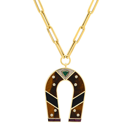 Sig Ward Jewelry 14K yellow gold horseshoe necklace featuring tiger's eye and onyx gemstones, a luxury gemstone jewelry piece with an elegant design symbolizing luck, protection, and timeless beauty.