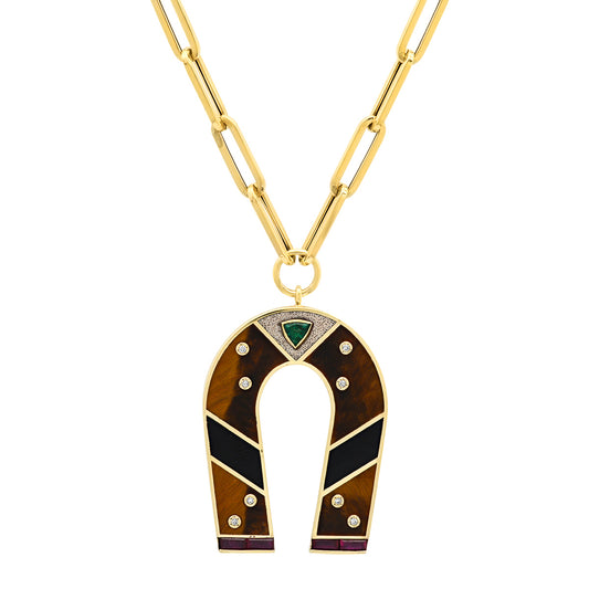 Sig Ward Jewelry 14K yellow gold horseshoe necklace featuring tiger's eye and onyx gemstones, a luxury gemstone jewelry piece with an elegant design symbolizing luck, protection, and timeless beauty.