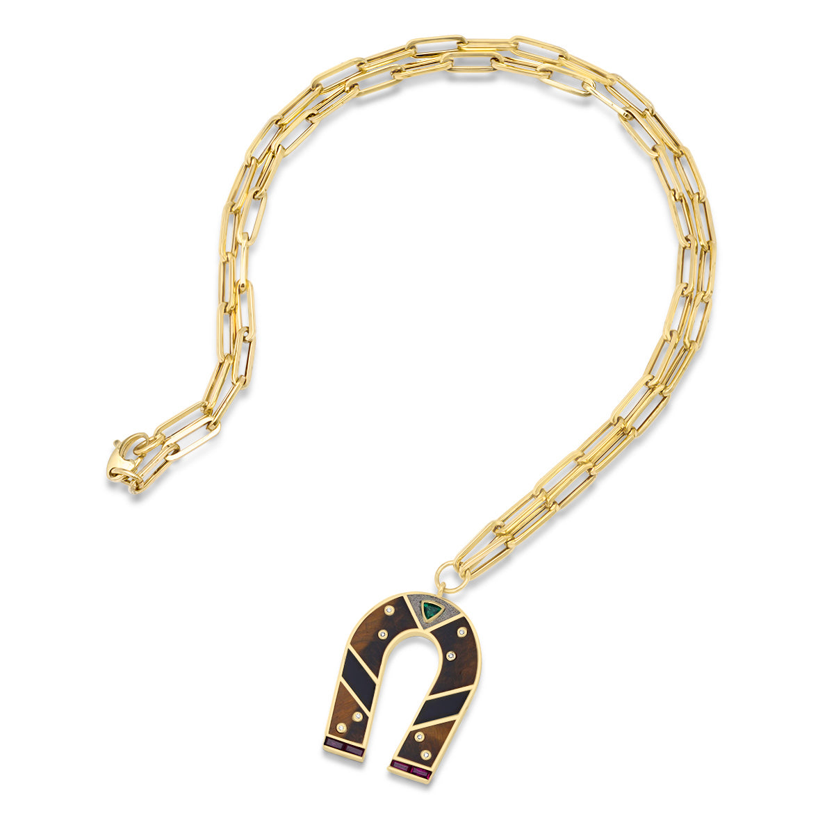Sig Ward Jewelry 14K yellow gold horseshoe necklace featuring tiger's eye and onyx gemstones, a luxury gemstone jewelry piece with an elegant design symbolizing luck, protection, and timeless beauty.