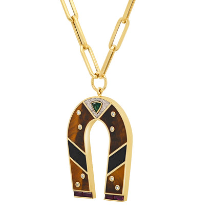 Sig Ward Jewelry 14K yellow gold horseshoe necklace featuring tiger's eye and onyx gemstones, a luxury gemstone jewelry piece with an elegant design symbolizing luck, protection, and timeless beauty.