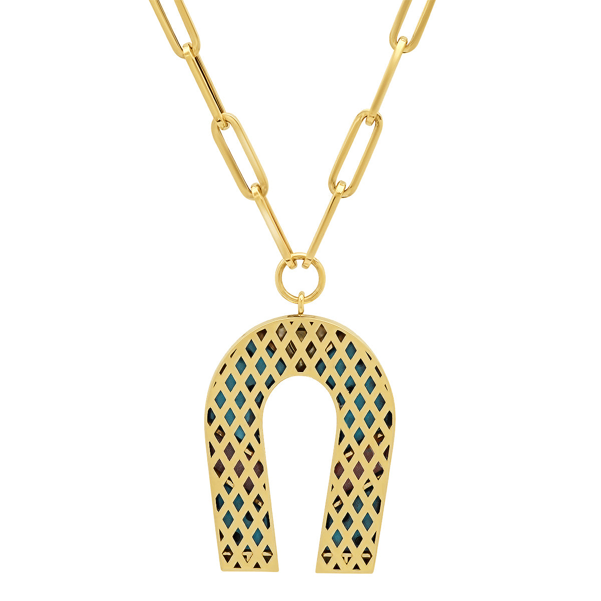 Sig Ward Jewelry 14K yellow gold horseshoe necklace featuring turquoise and pink opal inlay gemstones, a luxury gemstone jewelry piece with an elegant design symbolizing luck, protection, and timeless beauty.