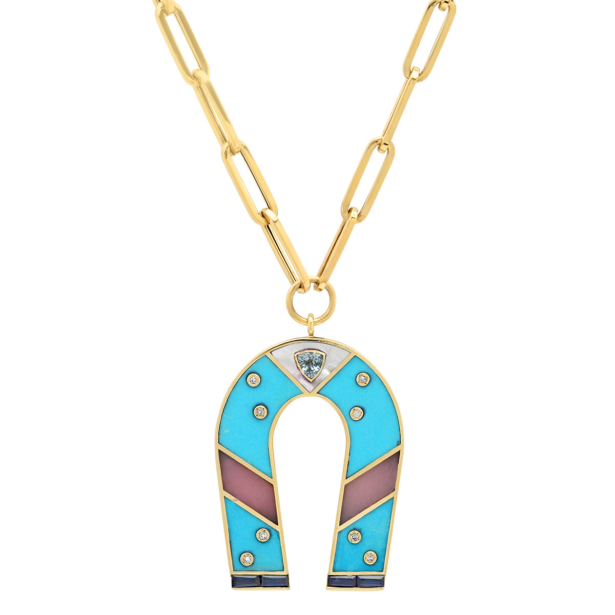 Sig Ward Jewelry 14K yellow gold horseshoe necklace featuring turquoise and pink opal inlay gemstones, a luxury gemstone jewelry piece with an elegant design symbolizing luck, protection, and timeless beauty.
