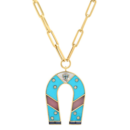 Sig Ward Jewelry 14K yellow gold horseshoe necklace featuring turquoise and pink opal inlay gemstones, a luxury gemstone jewelry piece with an elegant design symbolizing luck, protection, and timeless beauty.