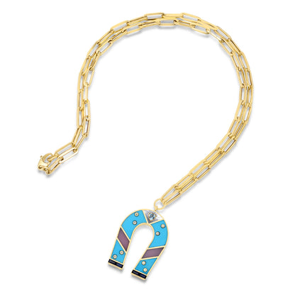 Sig Ward Jewelry 14K yellow gold horseshoe necklace featuring turquoise and pink opal inlay gemstones, a luxury gemstone jewelry piece with an elegant design symbolizing luck, protection, and timeless beauty.