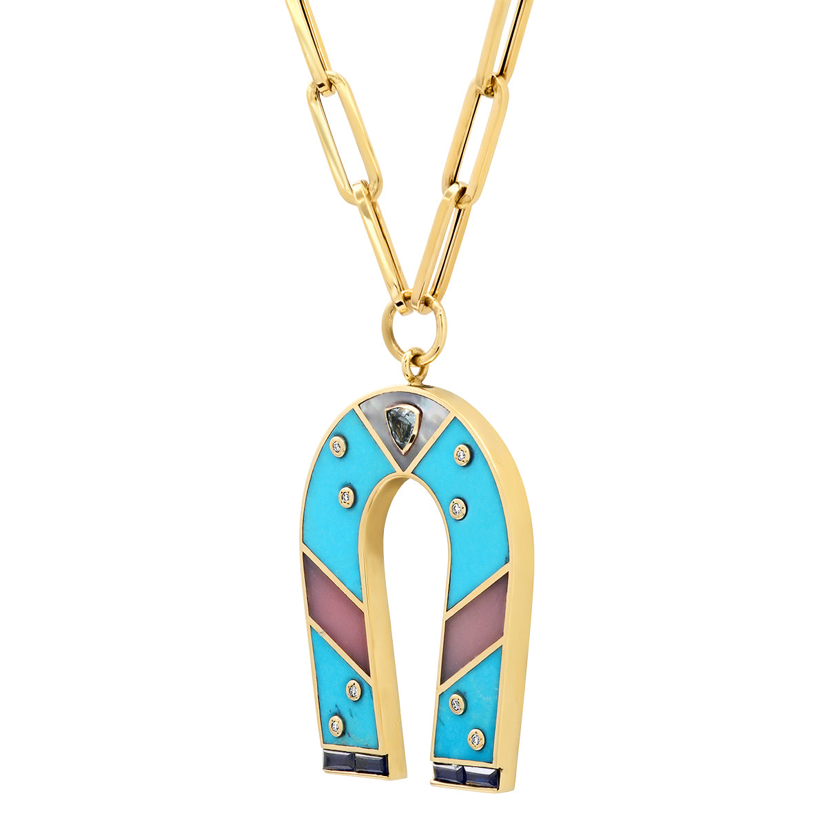 Sig Ward Jewelry 14K yellow gold horseshoe necklace featuring turquoise and pink opal inlay gemstones, a luxury gemstone jewelry piece with an elegant design symbolizing luck, protection, and timeless beauty.