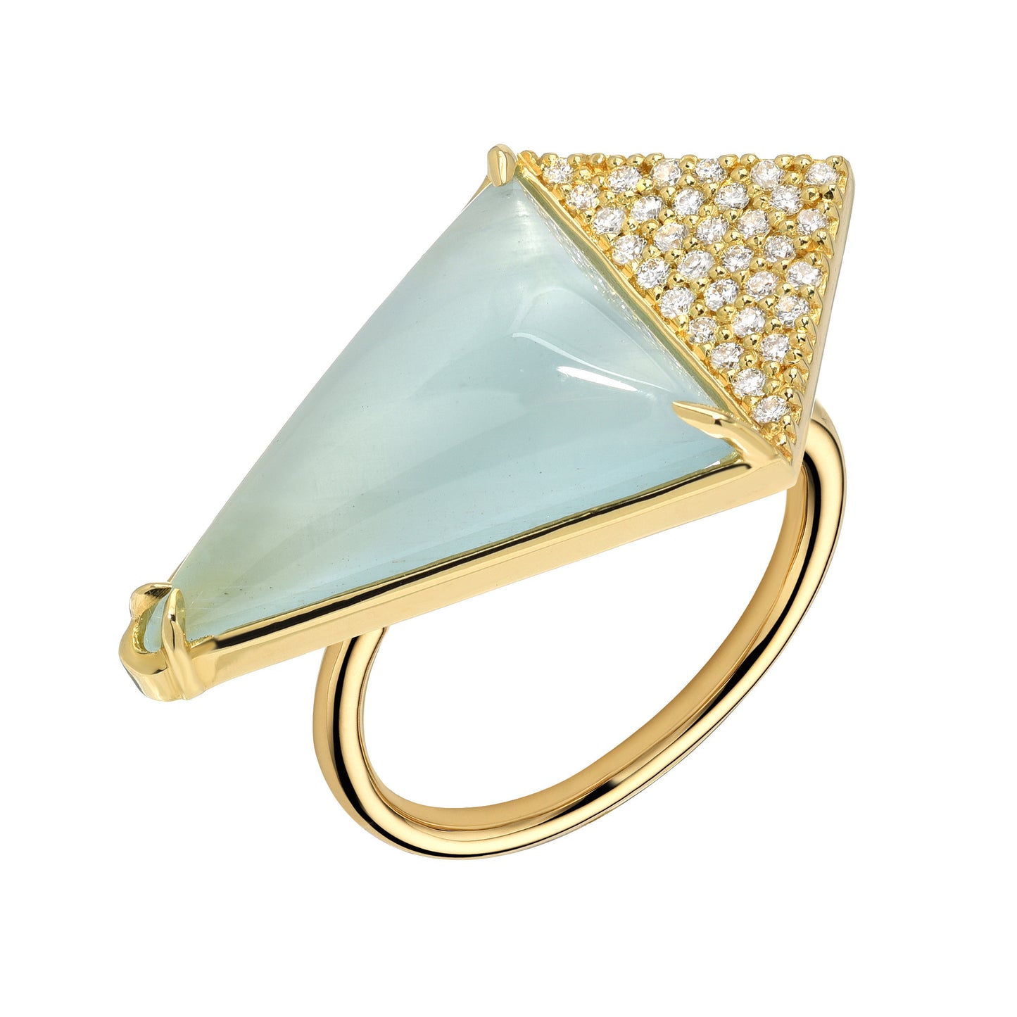 Sig Ward Jewelry 18K yellow gold winged diamond ring featuring aquamarine gemstone accents and sparkling diamonds, a luxury fine jewelry piece with an elegant and timeless design.