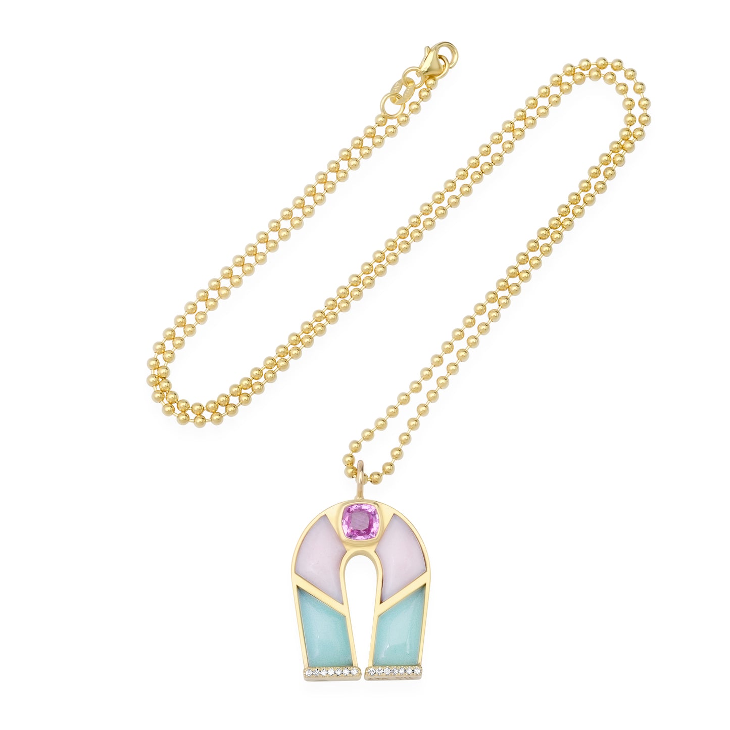 Sig ward Jewelry 14K Yellow Gold Pink Sapphire, Chrysoprase and Pink Opal Inlay Horseshoe Necklace 