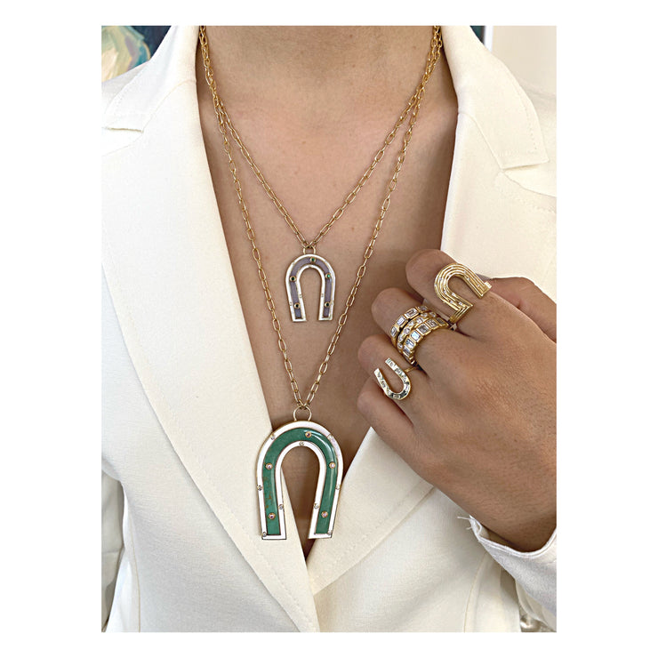 18K Yellow Gold Turquoise Enamel Diamond Horseshoe Necklace