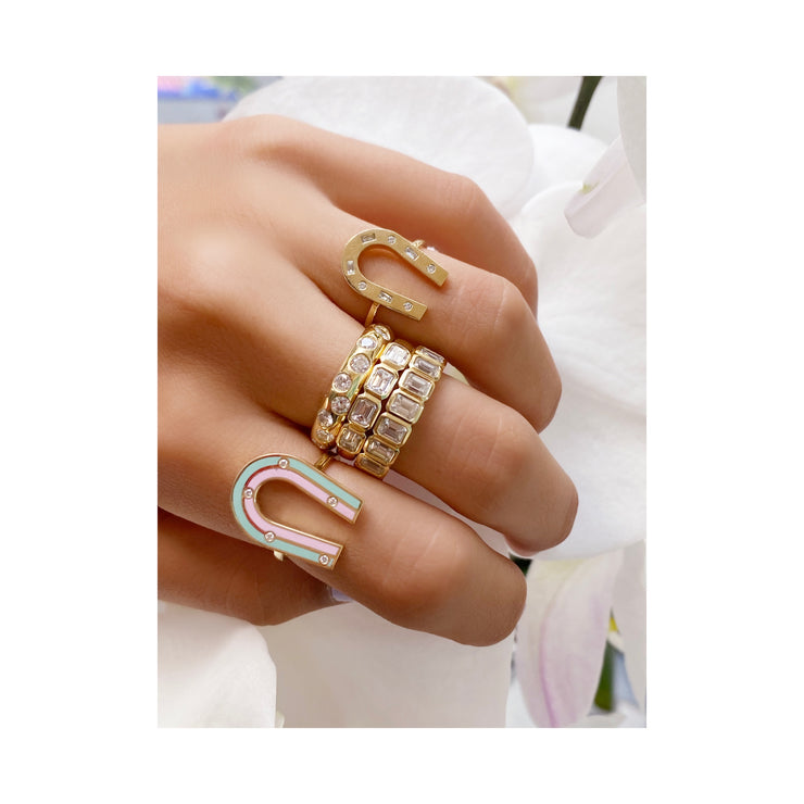 18K Yellow Gold Enamel and Diamond Horseshoe Ring