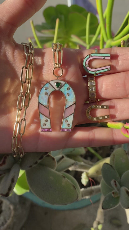 14K Yellow Gold Opal and Pink Opal Horseshoe Necklace
