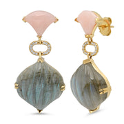 18K YG Carved Labradorite and Pink Opal Diamond Earrings